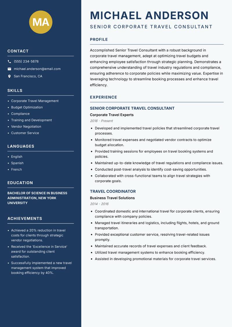 Senior Travel Consultant Resume Preview Example