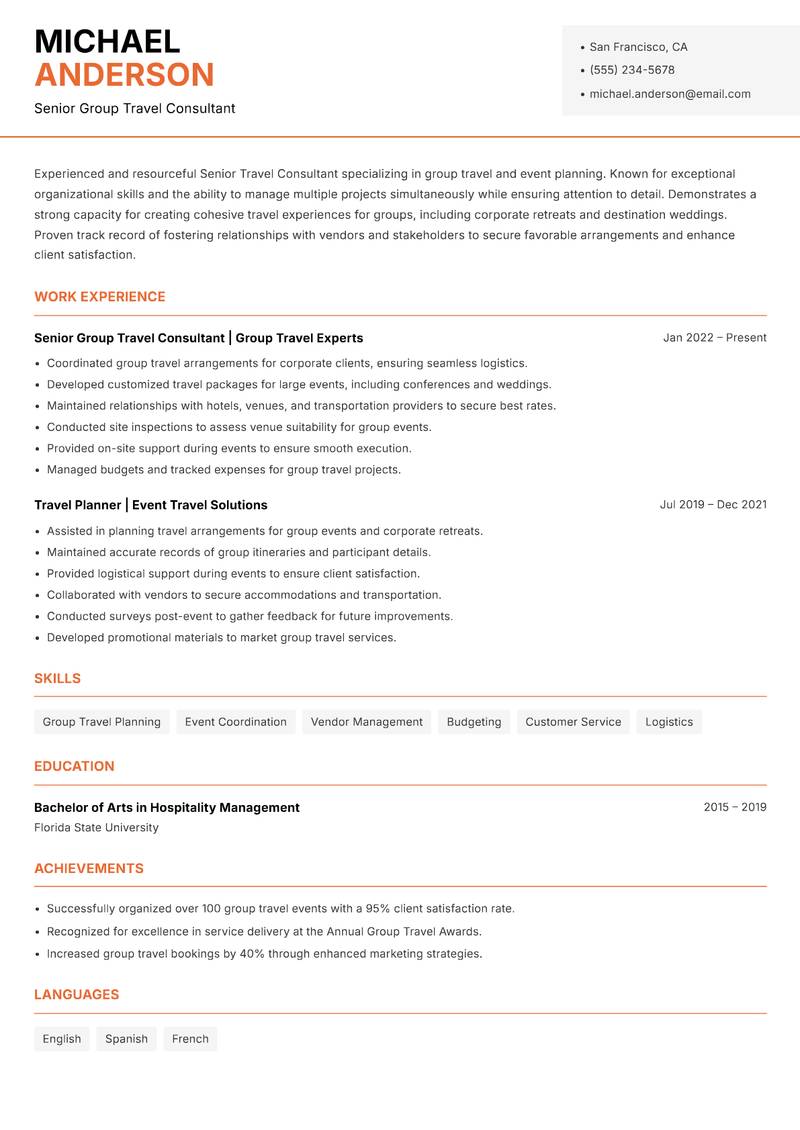 Senior Travel Consultant Resume Template