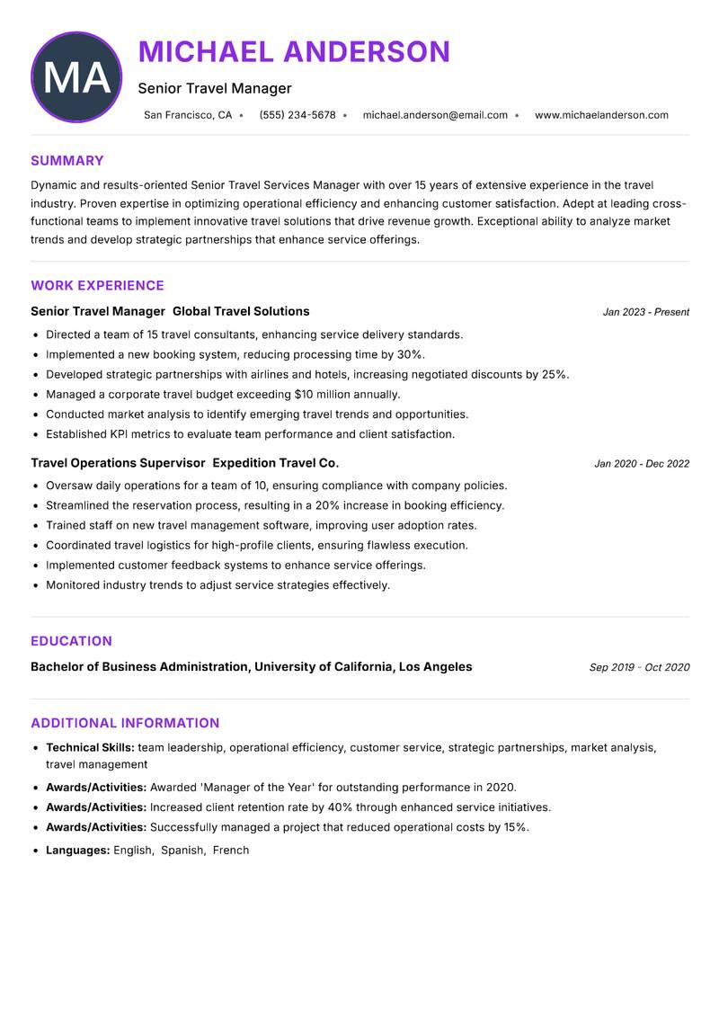 Senior Travel Services Manager Resume Preview Example