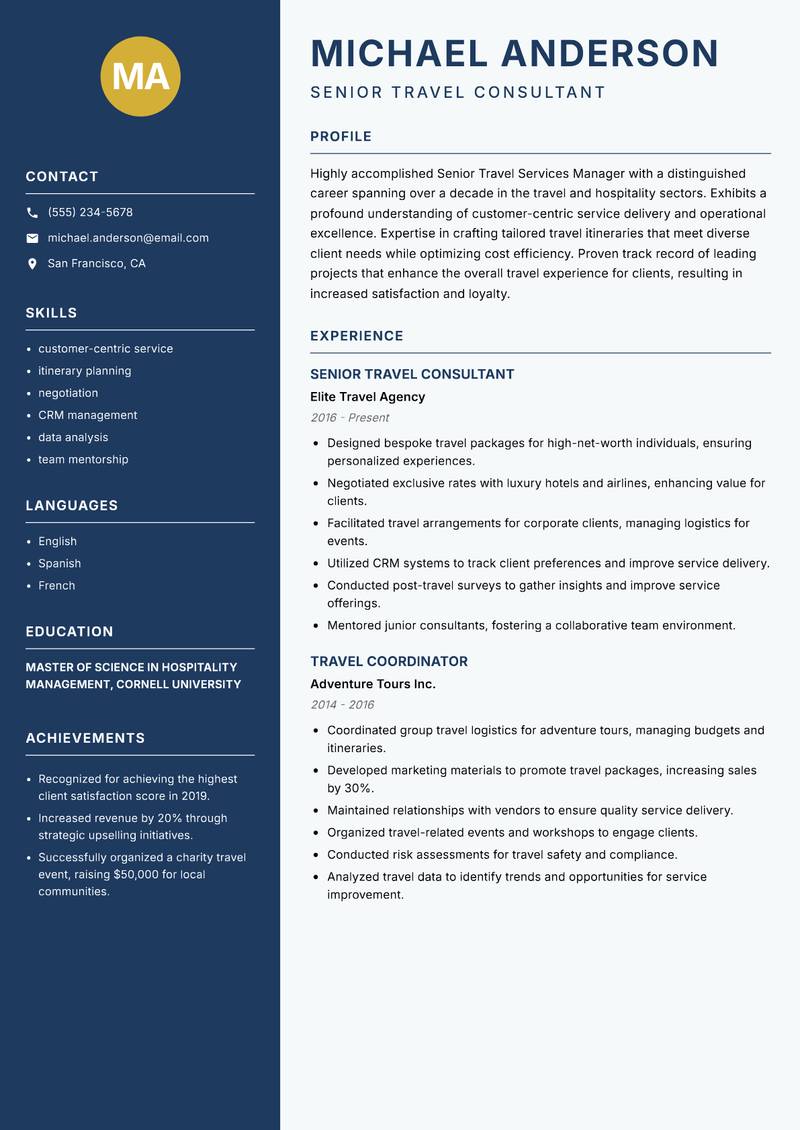 Senior Travel Services Manager Resume Preview Example