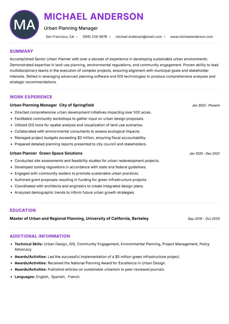 Senior Urban Planner Resume Preview Example
