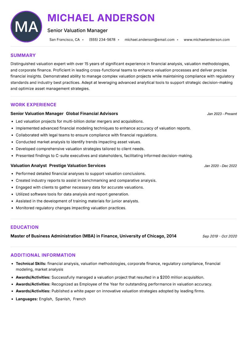 Senior Valuation Manager Resume Preview Example