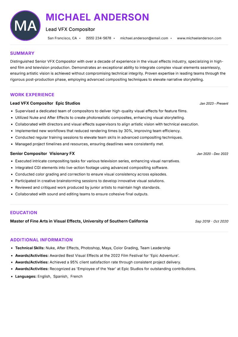 Senior VFX Compositor Resume Preview Example