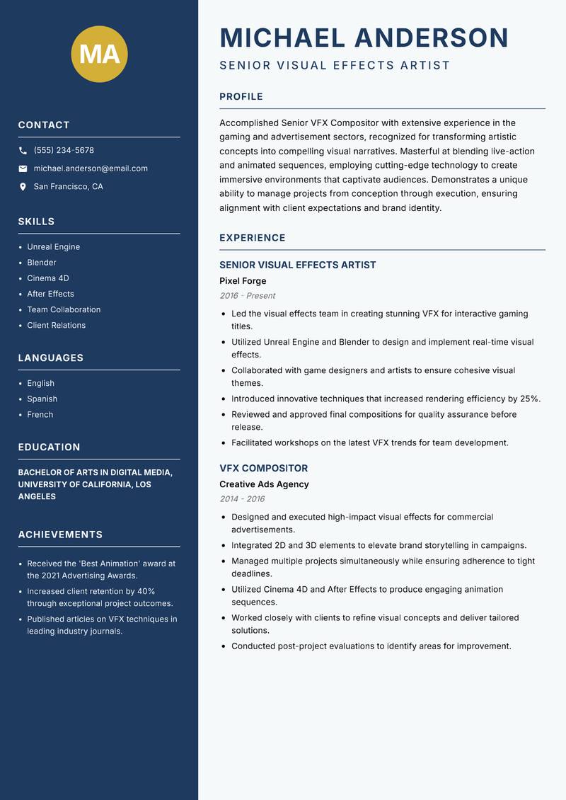 Senior VFX Compositor Resume Preview Example
