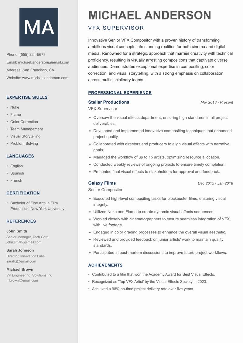 Senior VFX Compositor Resume Preview Example