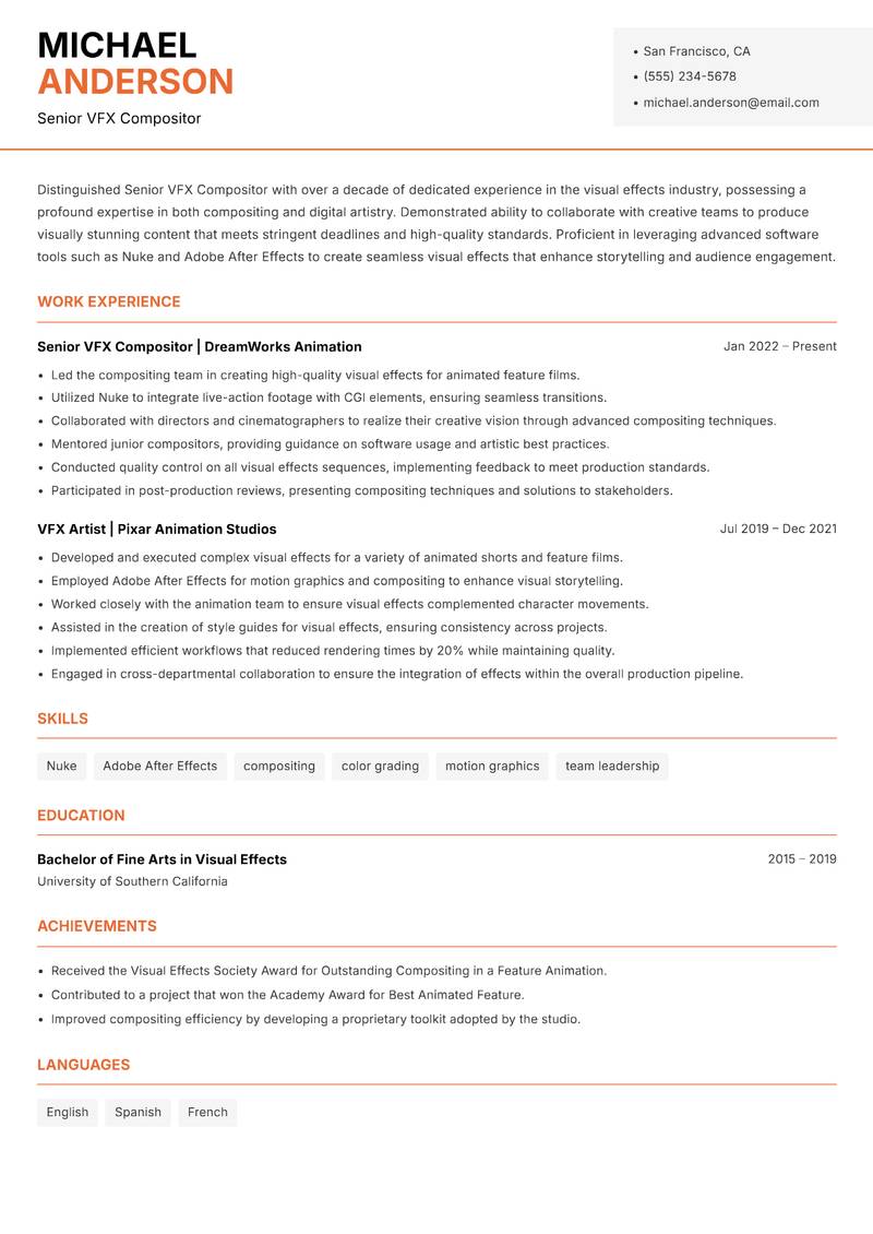 Senior VFX Compositor Resume Template