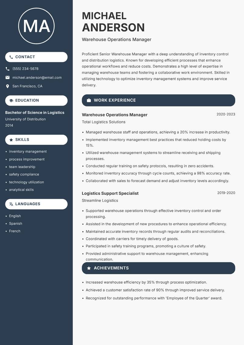 Senior Warehouse Manager Resume Preview Example