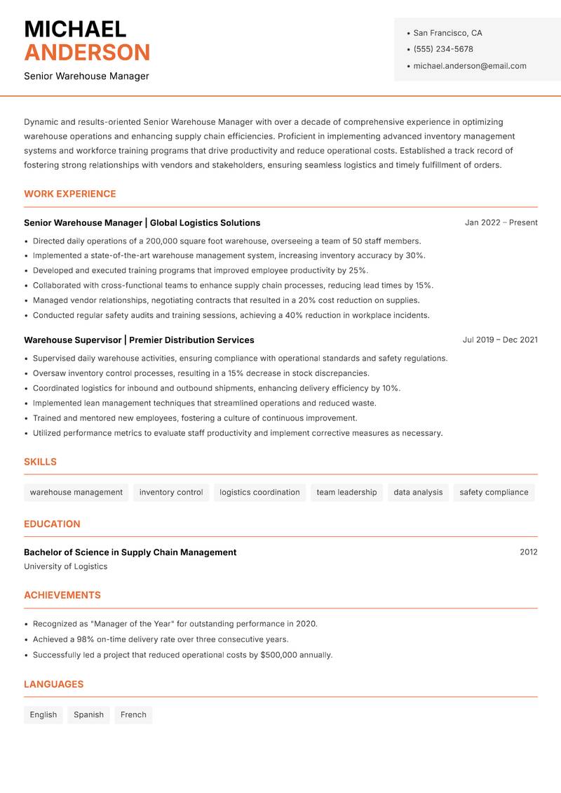Senior Warehouse Manager Resume Template