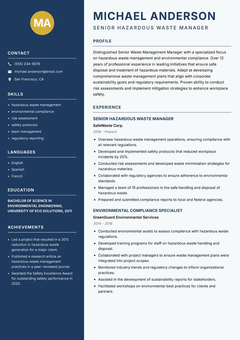 Senior Waste Management Manager Resume Preview Example