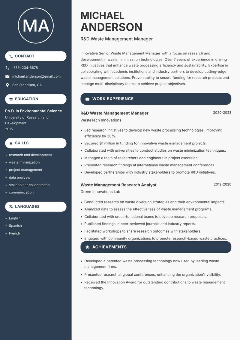Senior Waste Management Manager Resume Preview Example