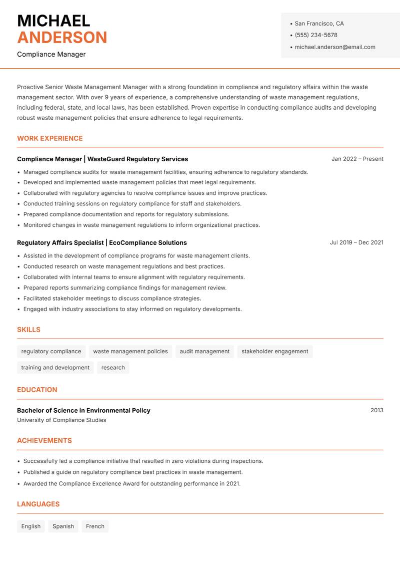 Senior Waste Management Manager Resume Template