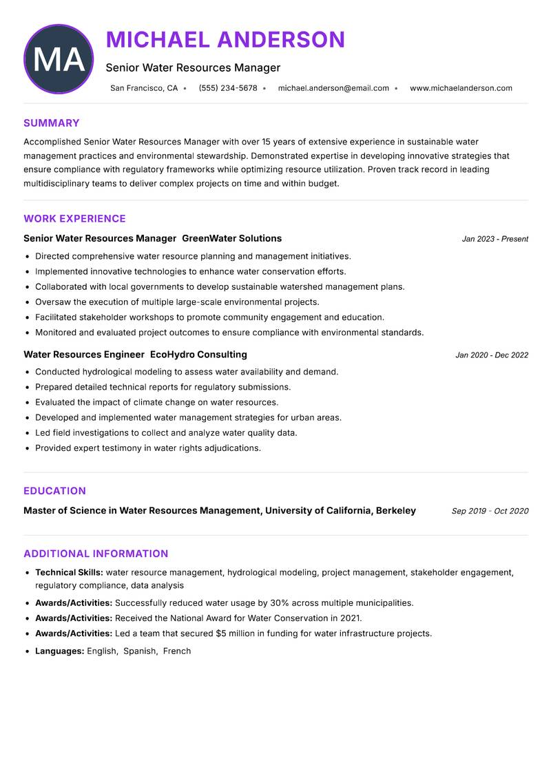 Senior Water Resources Manager Resume Preview Example