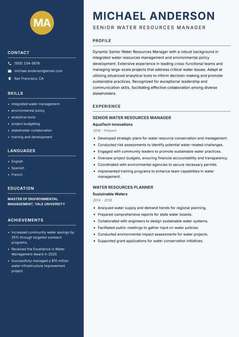 Senior Water Resources Manager Resume Preview Example