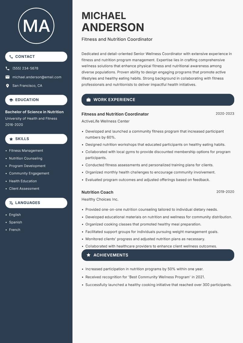 Senior Wellness Coordinator Resume Preview Example