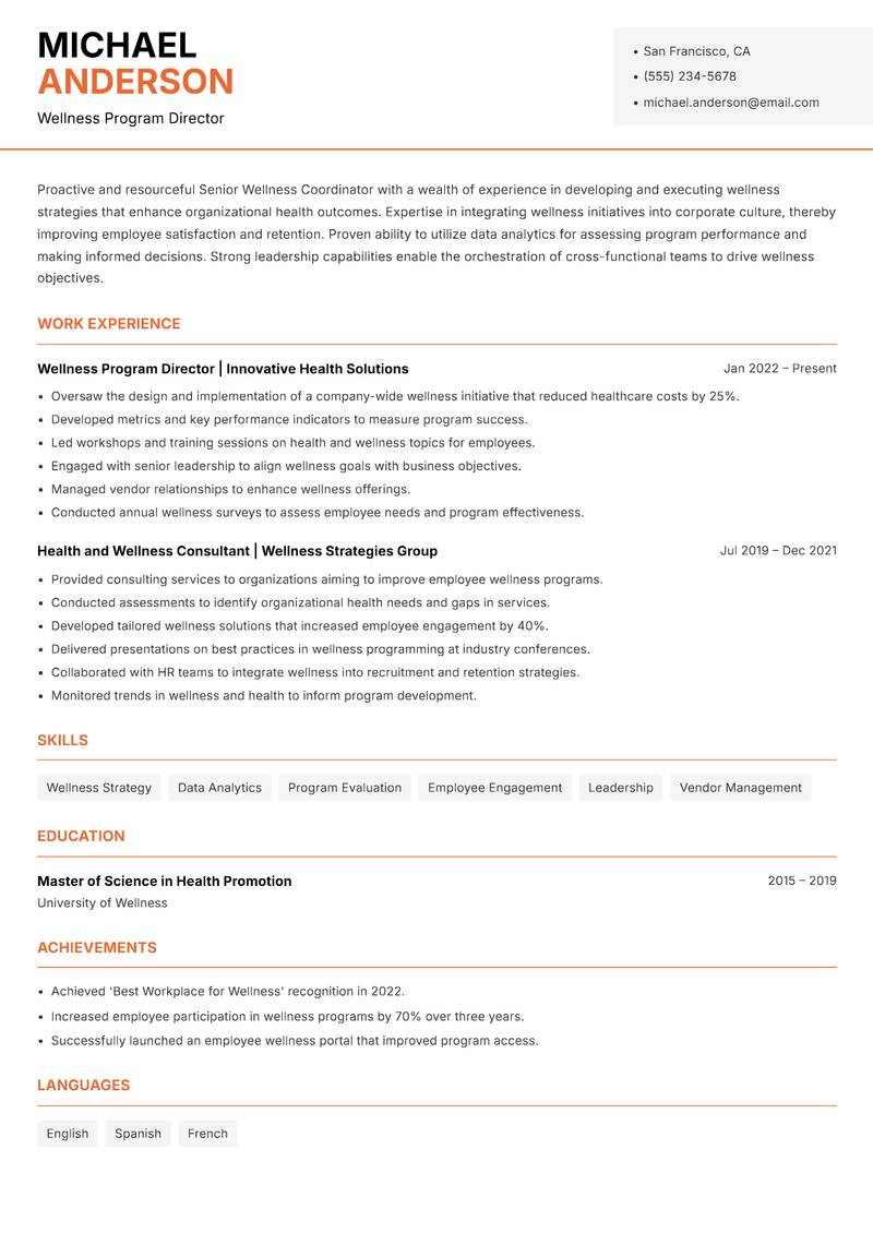 Senior Wellness Coordinator Resume Template