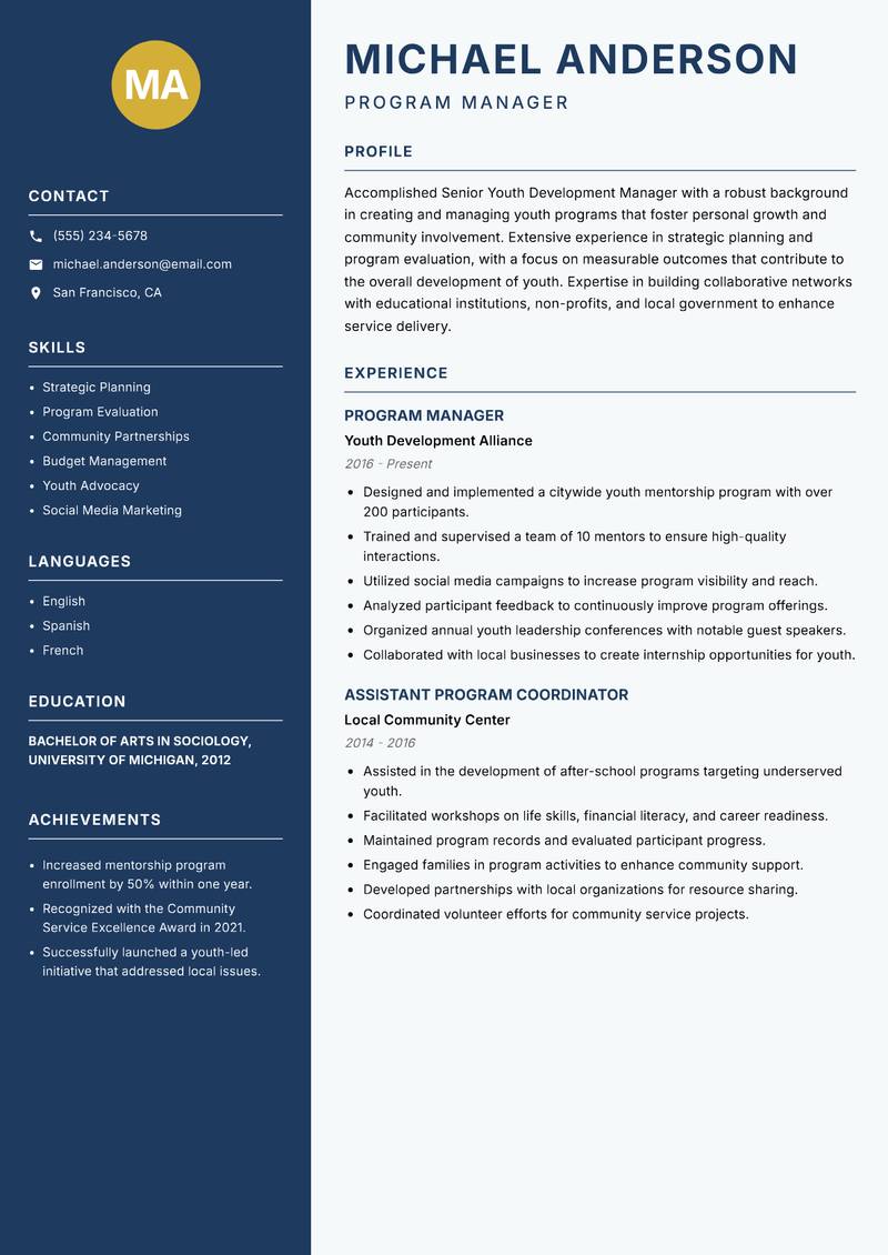 Senior Youth Development Manager Resume Preview Example