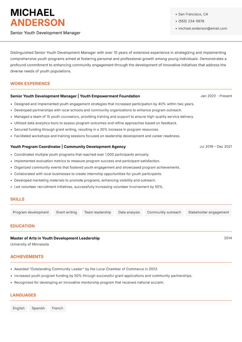 Senior Youth Development Manager Resume Template