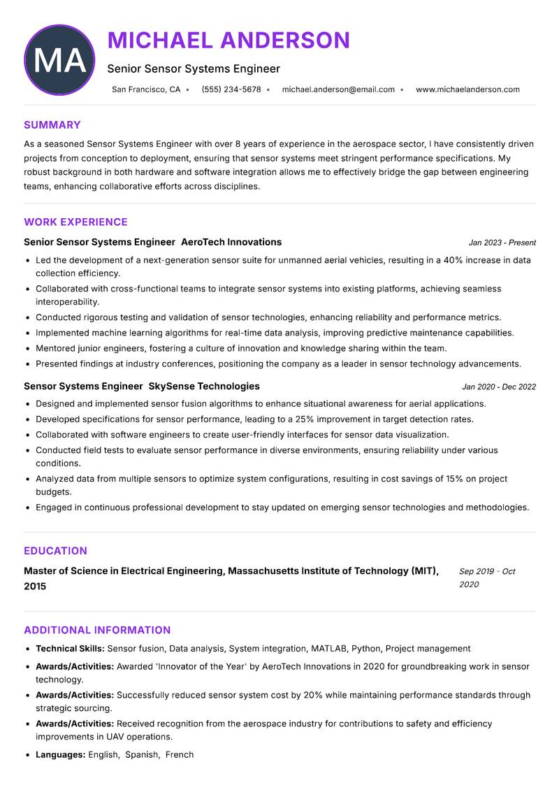 Sensor Systems Engineer Resume Preview Example