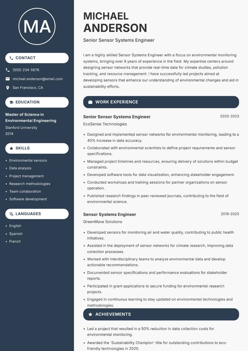 Sensor Systems Engineer Resume Preview Example