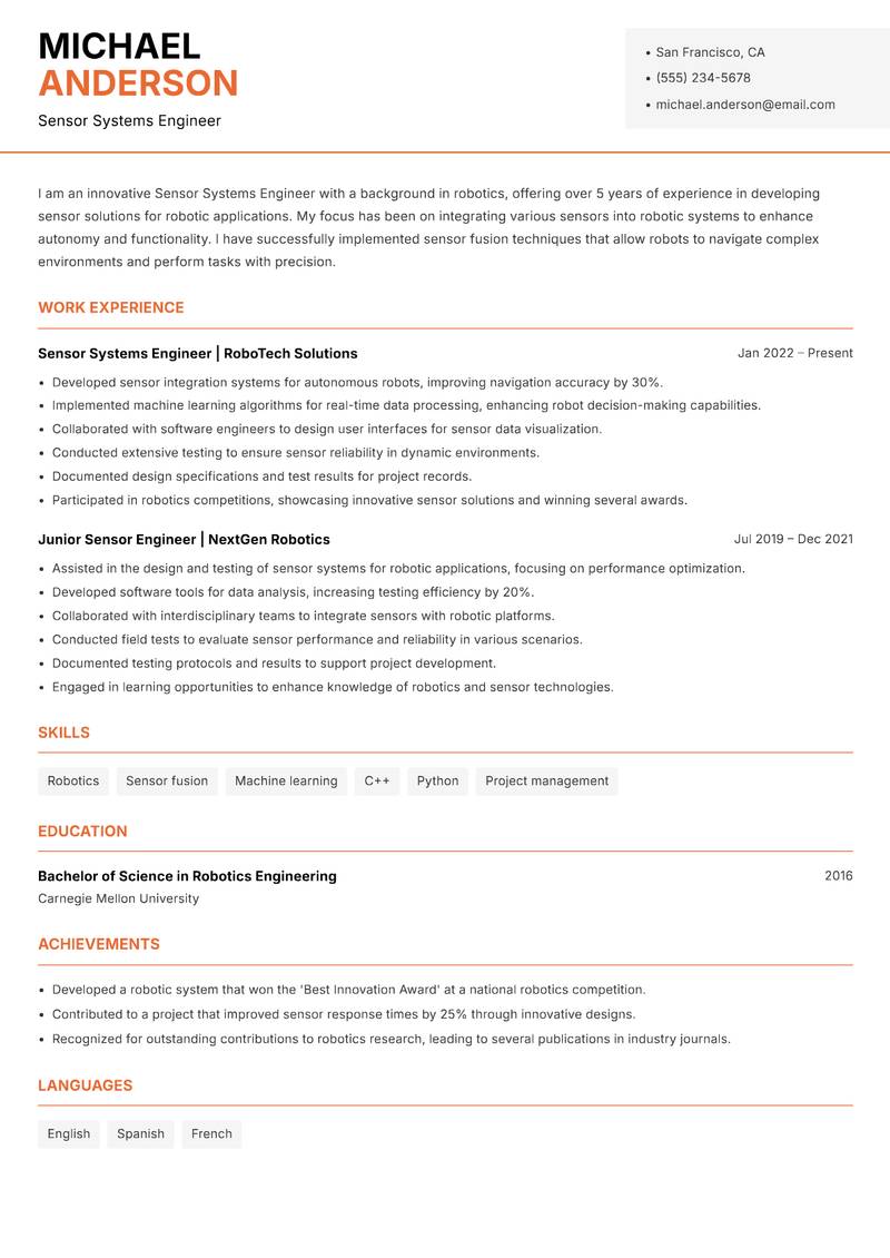 Sensor Systems Engineer Resume Template