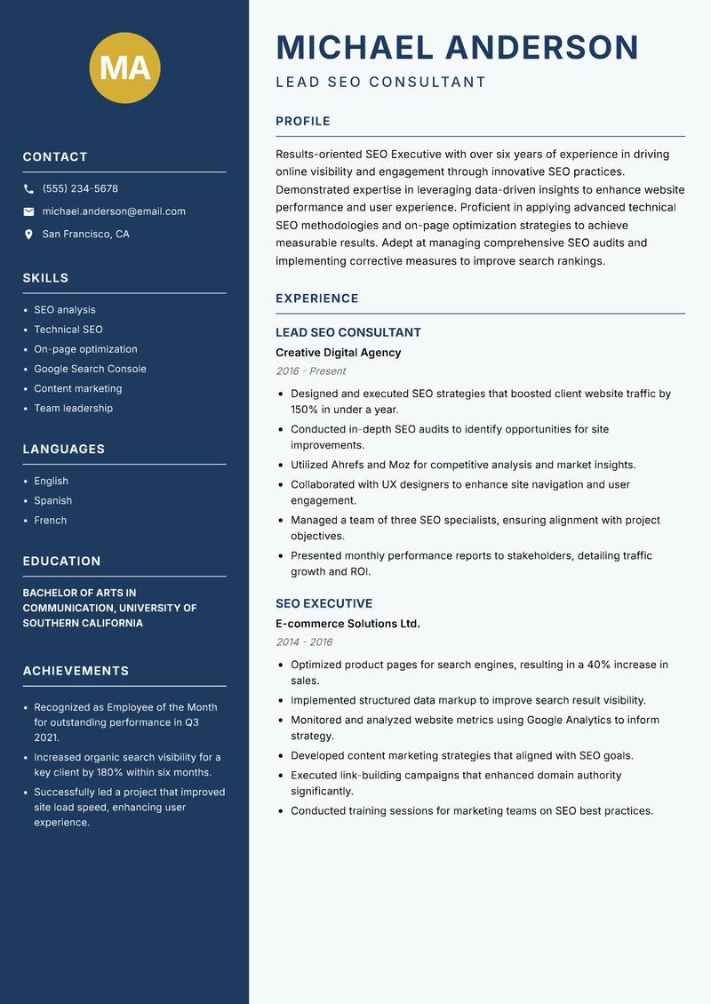 SEO Executive Resume Preview Example