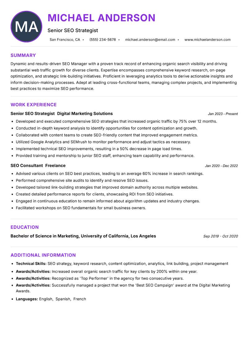 SEO Manager Resume Preview Example