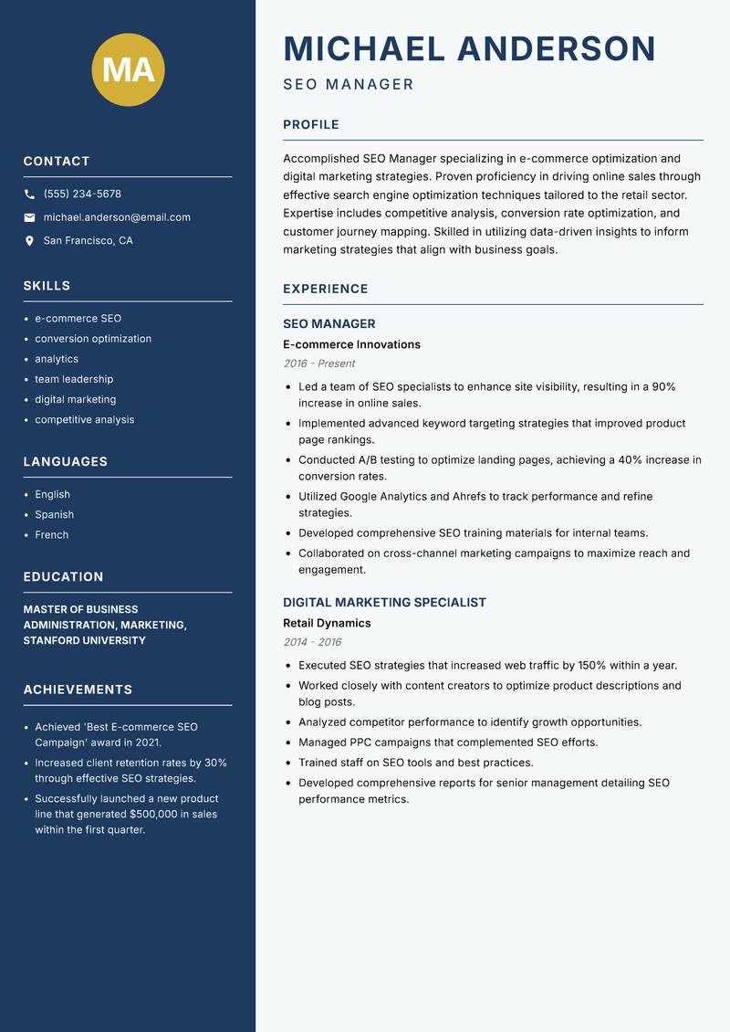 SEO Manager Resume Preview Example