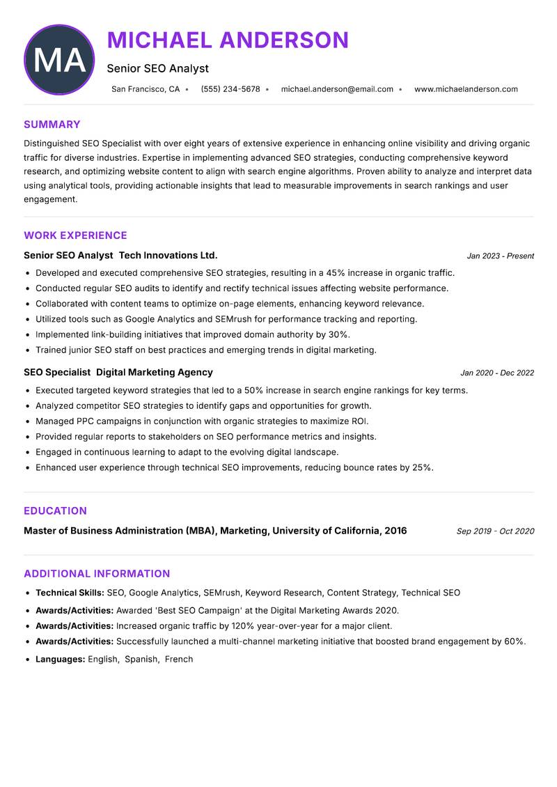 SEO Specialist Resume Preview Example
