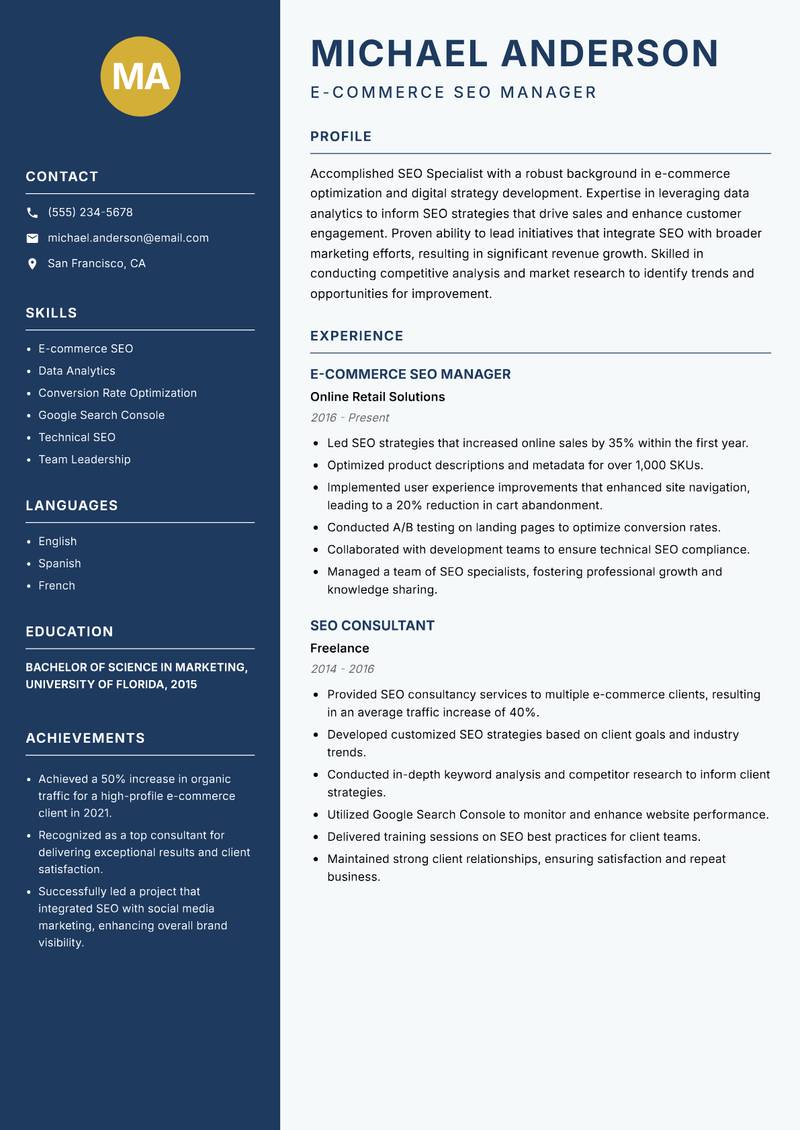 SEO Specialist Resume Preview Example