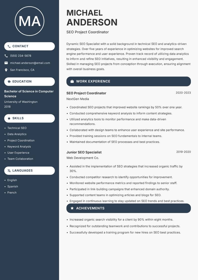 SEO Specialist Resume Preview Example