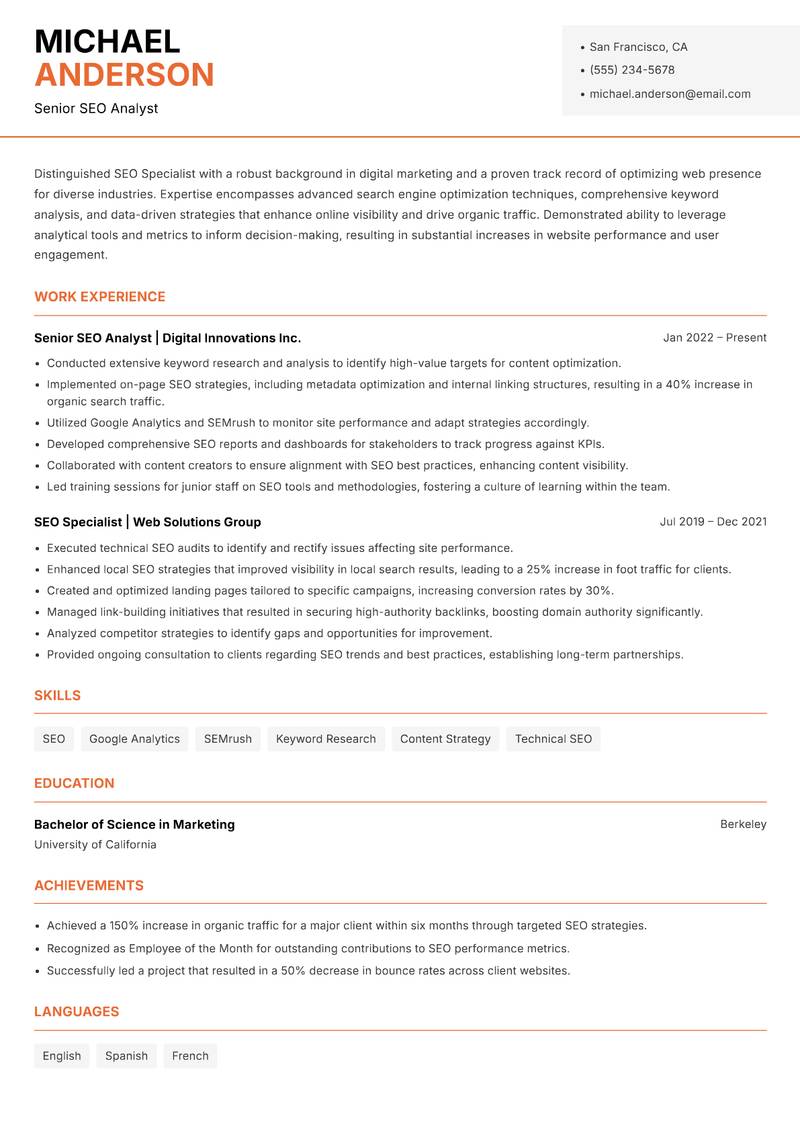 SEO Specialist Resume Template