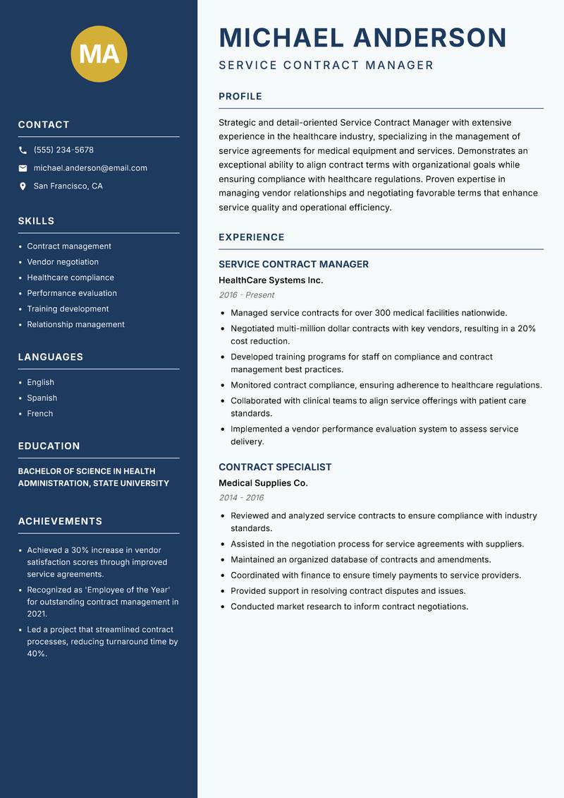 Service Contract Manager Resume Preview Example
