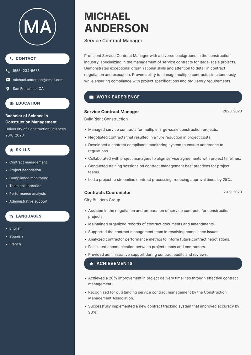 Service Contract Manager Resume Preview Example