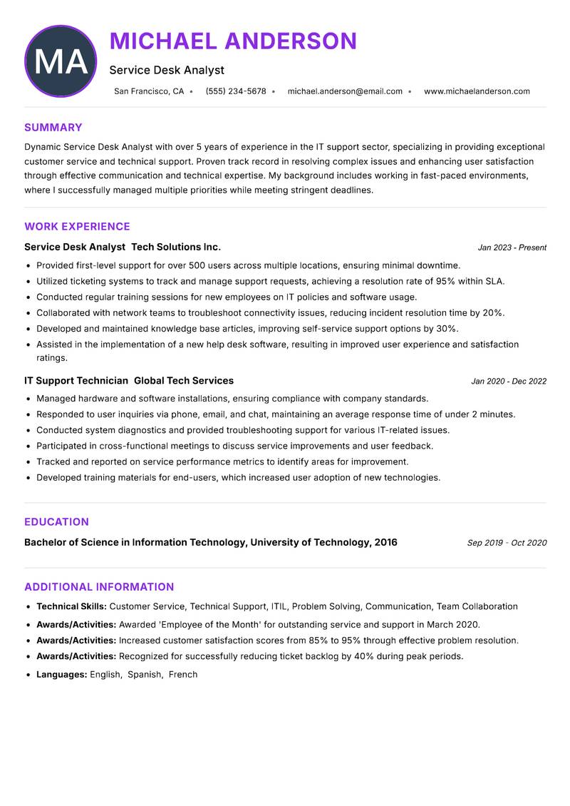 Service Desk Analyst Resume Preview Example