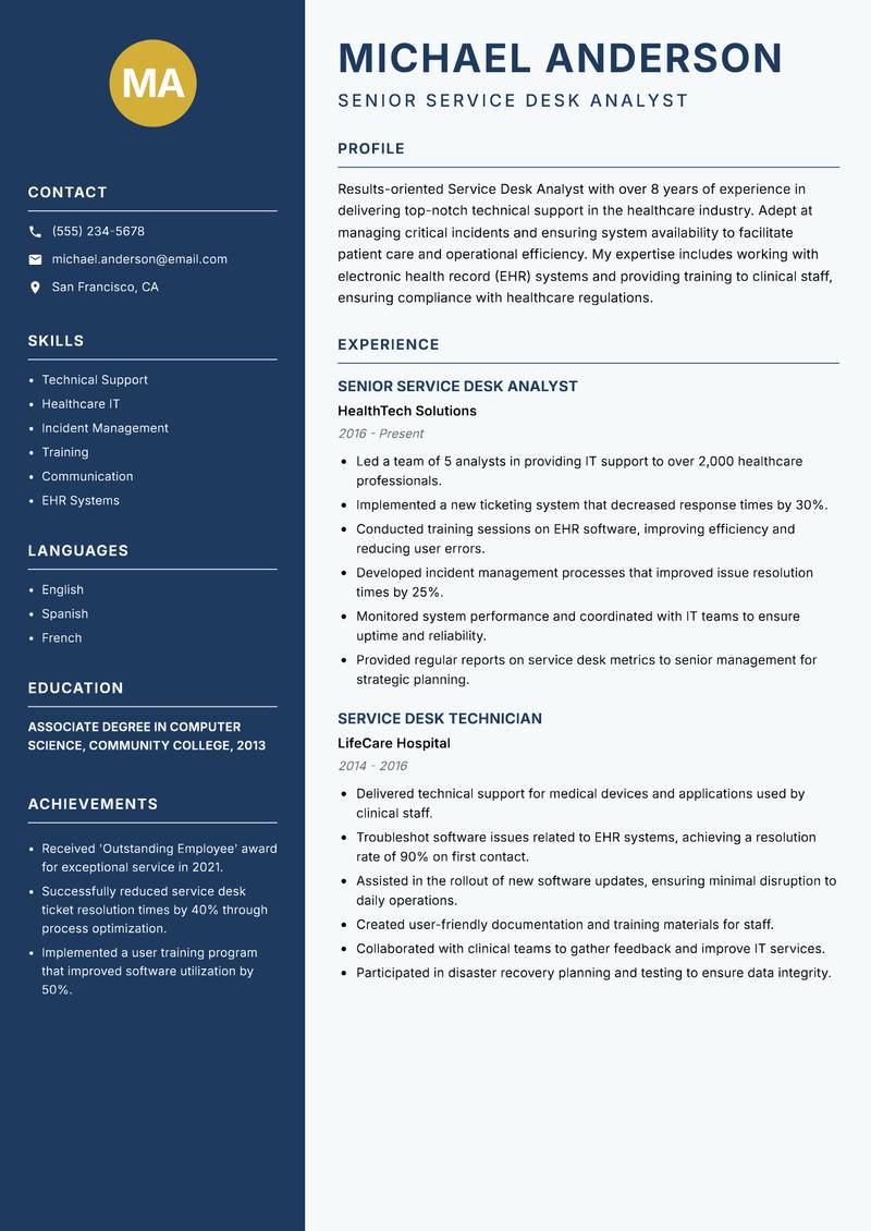 Service Desk Analyst Resume Preview Example