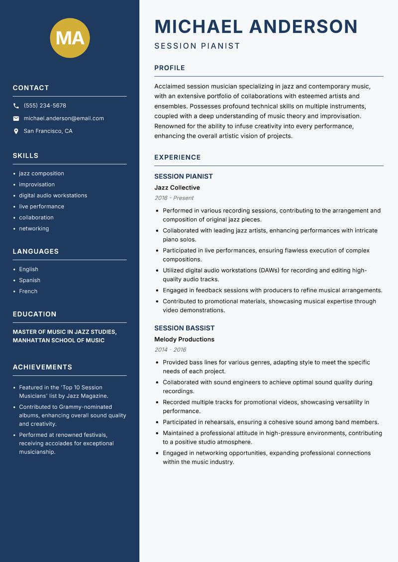 Session Musician Resume Preview Example