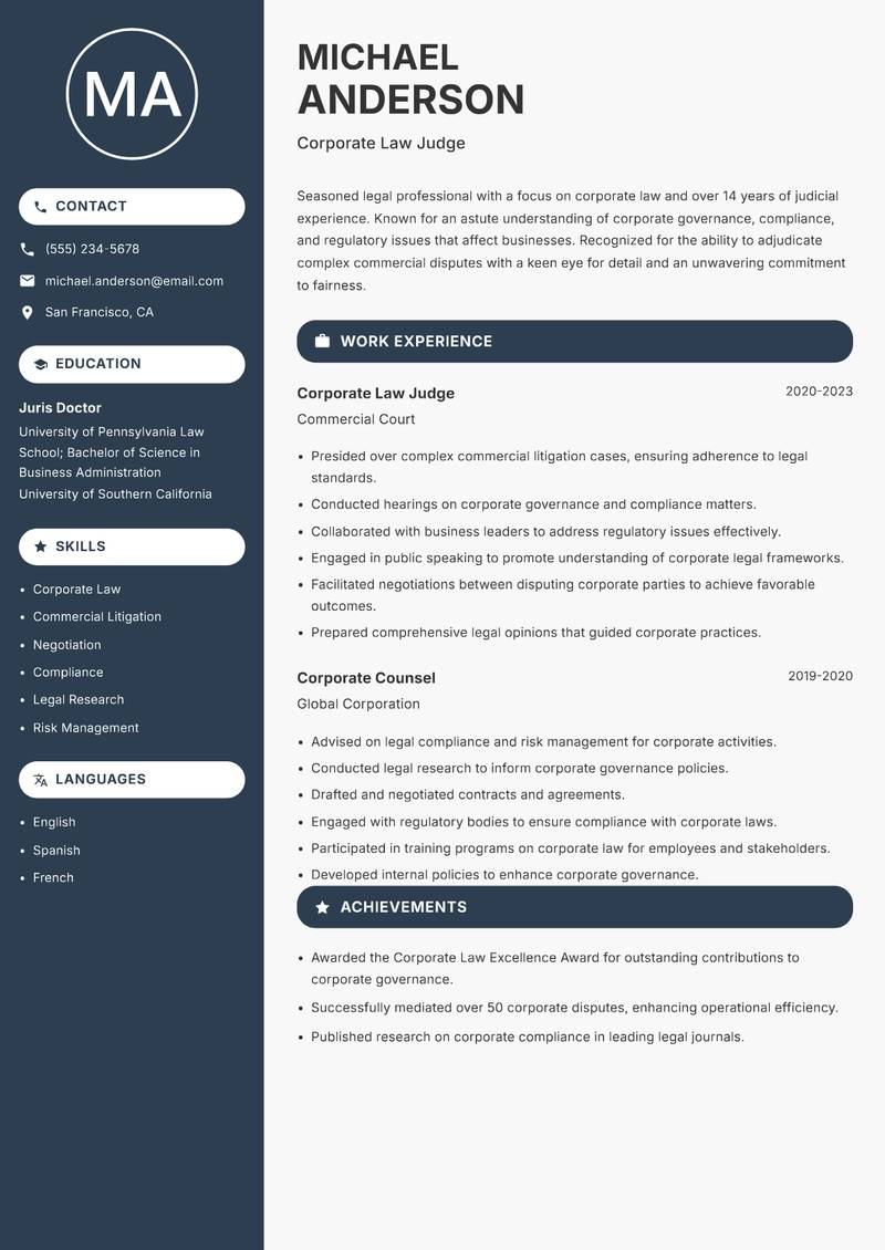 Sessions Judge Resume Preview Example