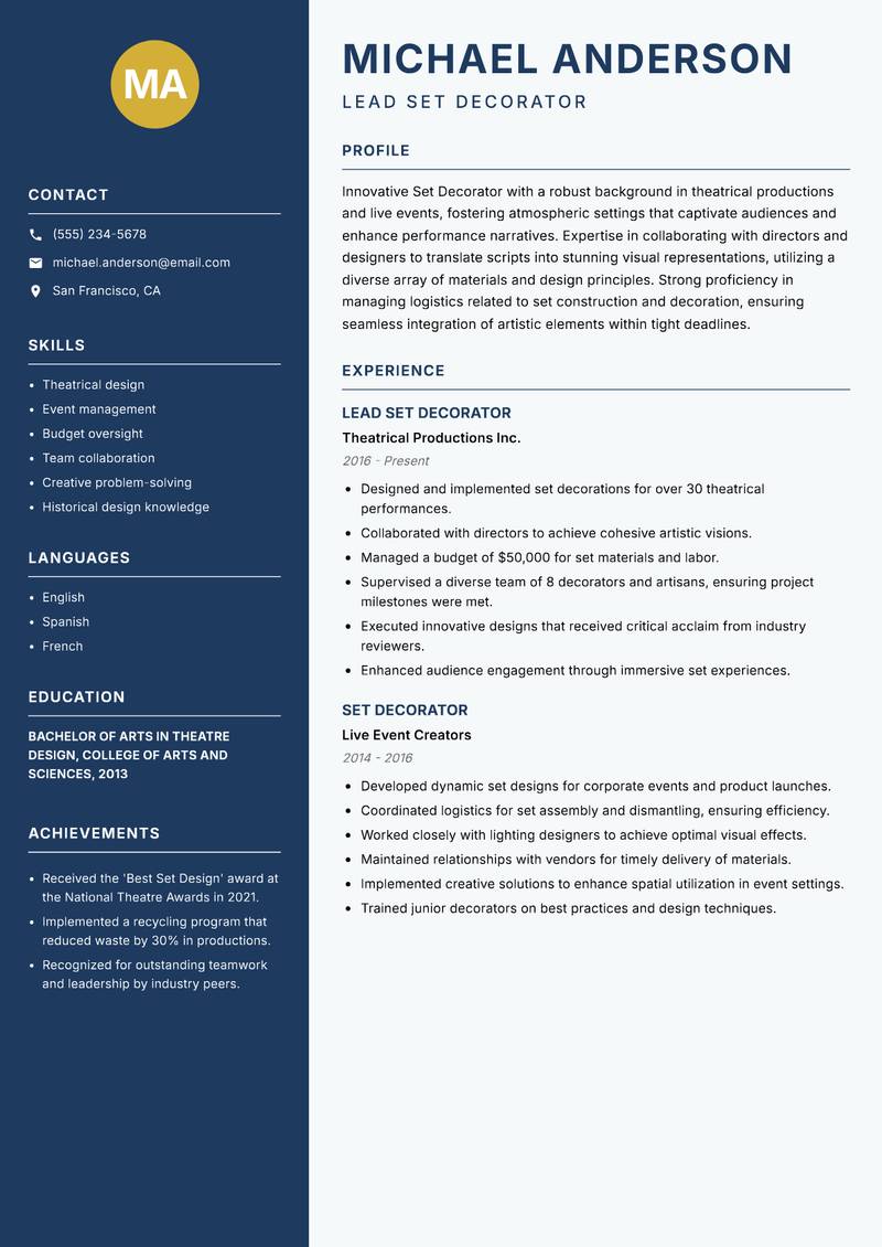 Set Decorator Resume Preview Example