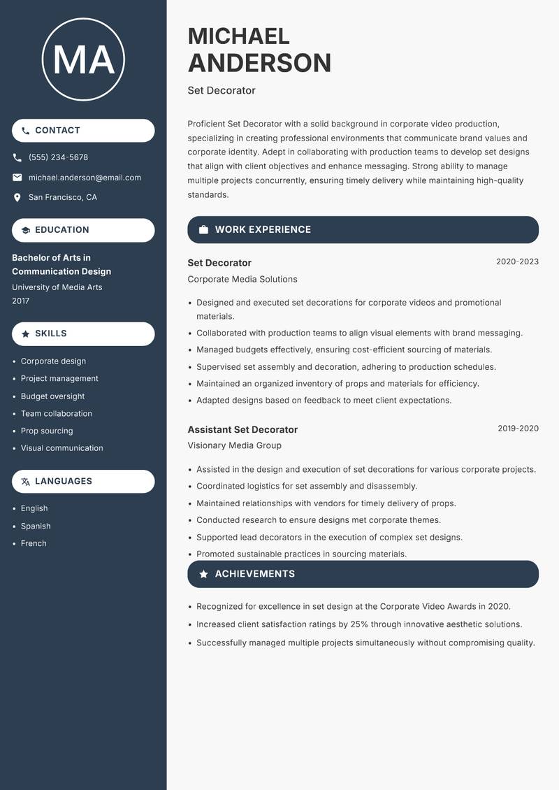 Set Decorator Resume Preview Example