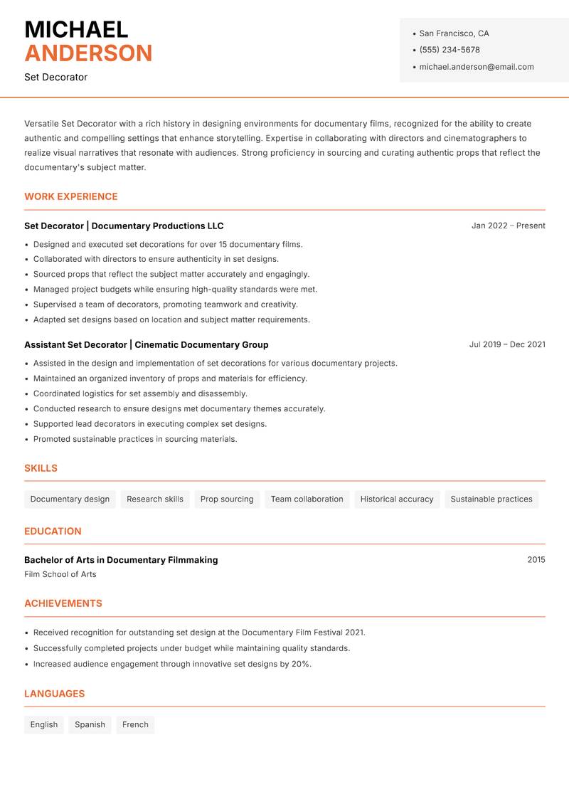 Set Decorator Resume Template