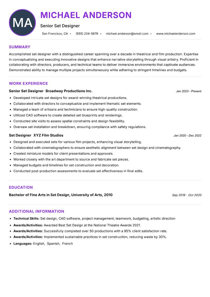 Set Designer Resume Preview Example