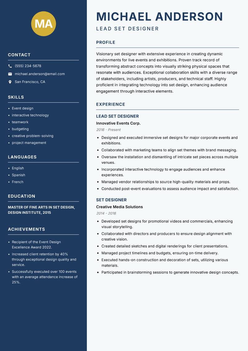 Set Designer Resume Preview Example