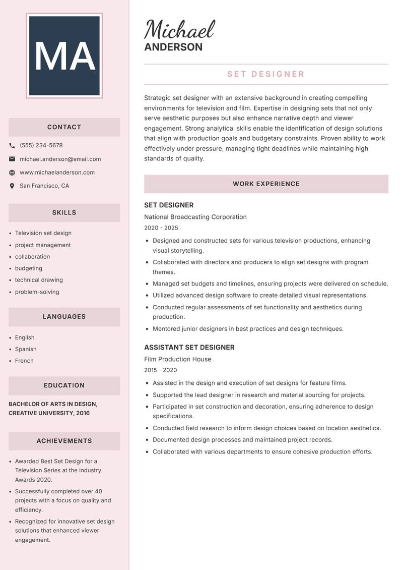 Set Designer Resume Preview Example