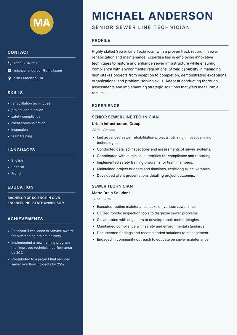 Sewer Line Technician Resume Preview Example