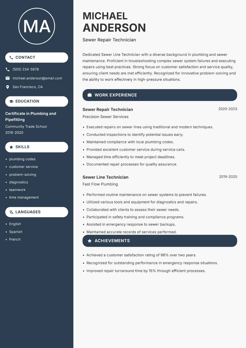 Sewer Line Technician Resume Preview Example
