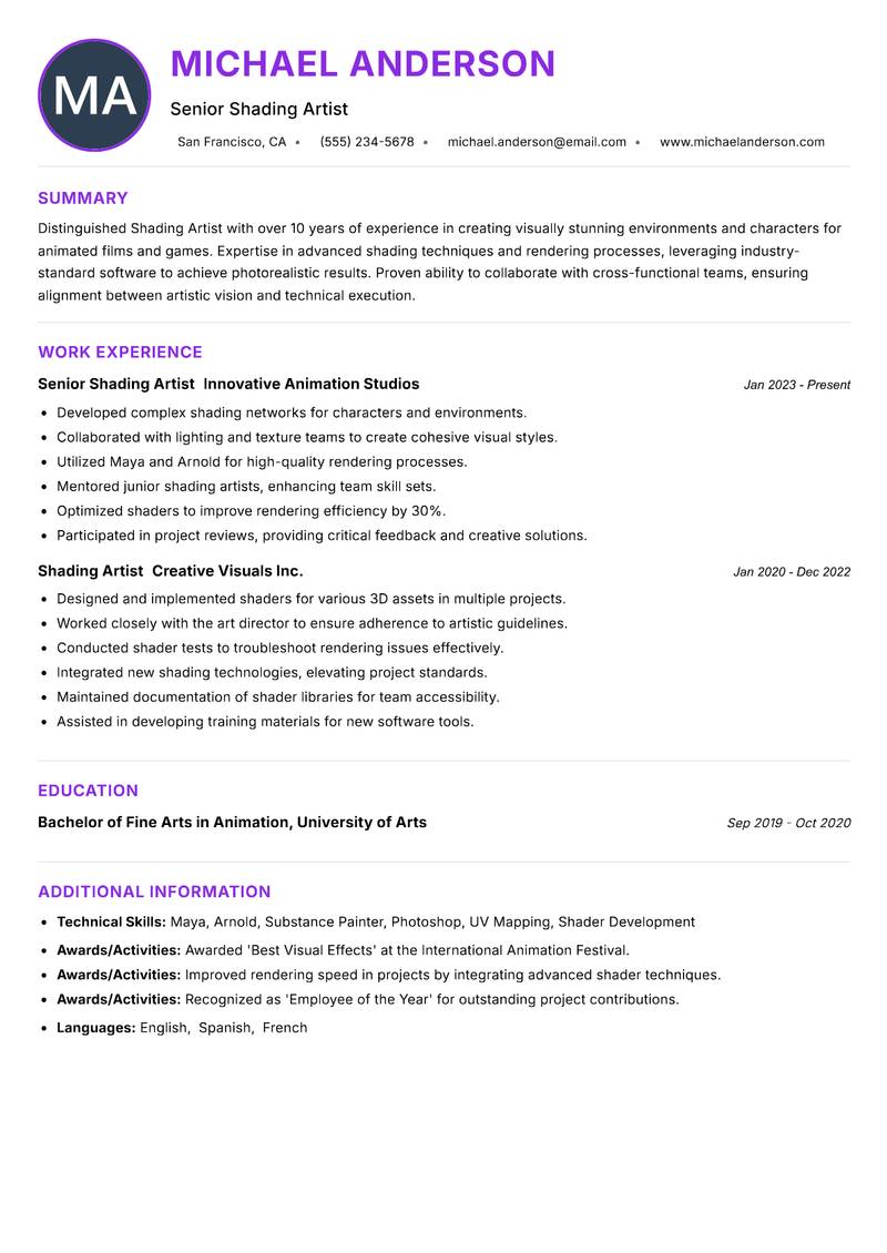 Shading Artist Resume Preview Example