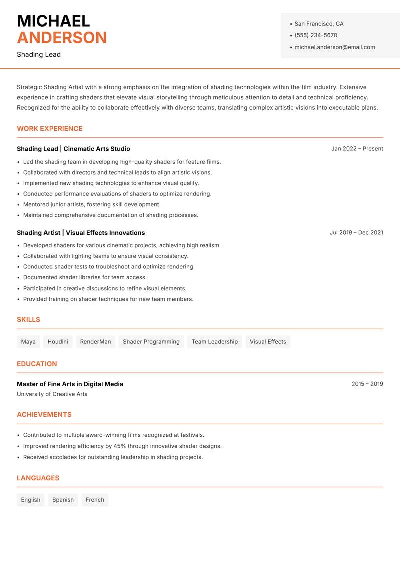Shading Artist Resume Template
