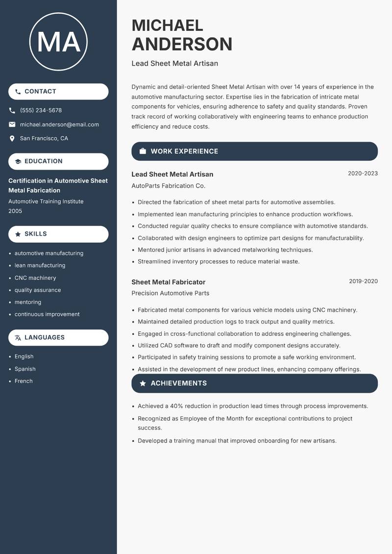 Sheet Metal Artisan Resume Preview Example