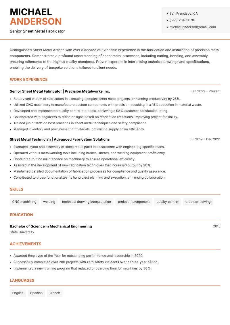 Sheet Metal Artisan Resume Template