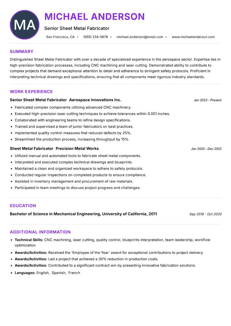 Sheet Metal Fabricator Resume Preview Example
